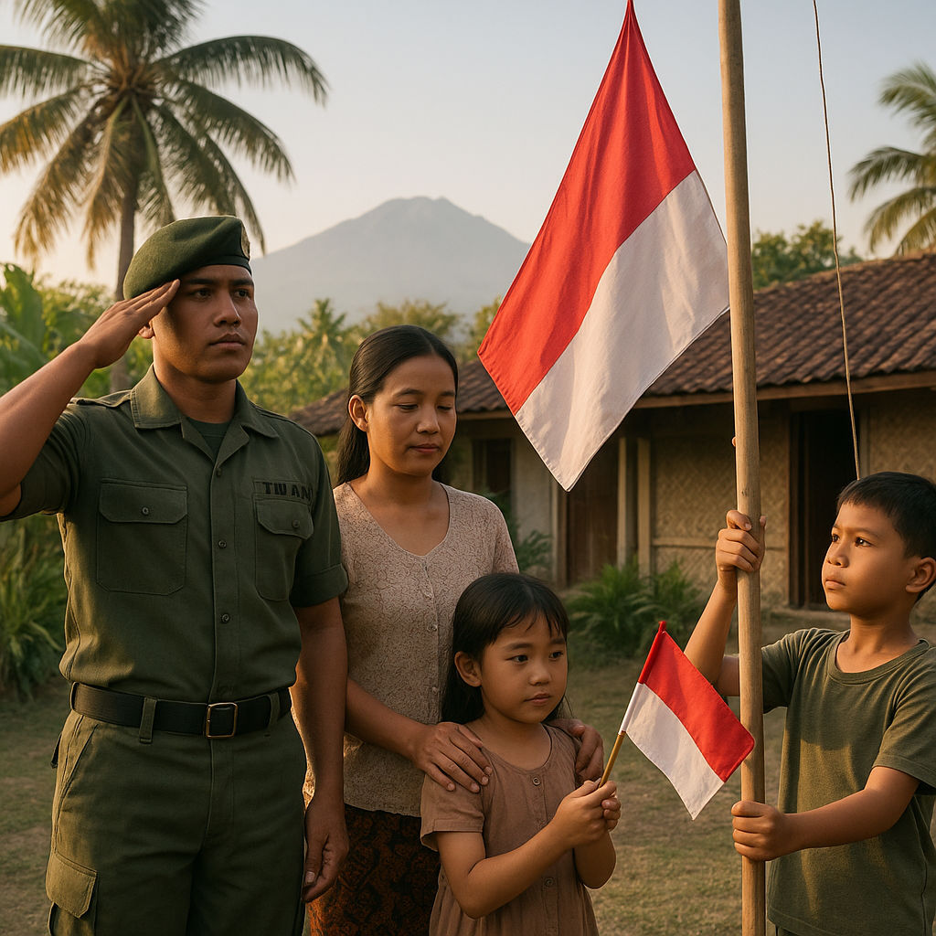 Pasangan Prajurit TNI AD di Lombok Rayakan HUT RI dengan Upacara Sederhana di Rumah, Anak-anak Kibarkan Bendera