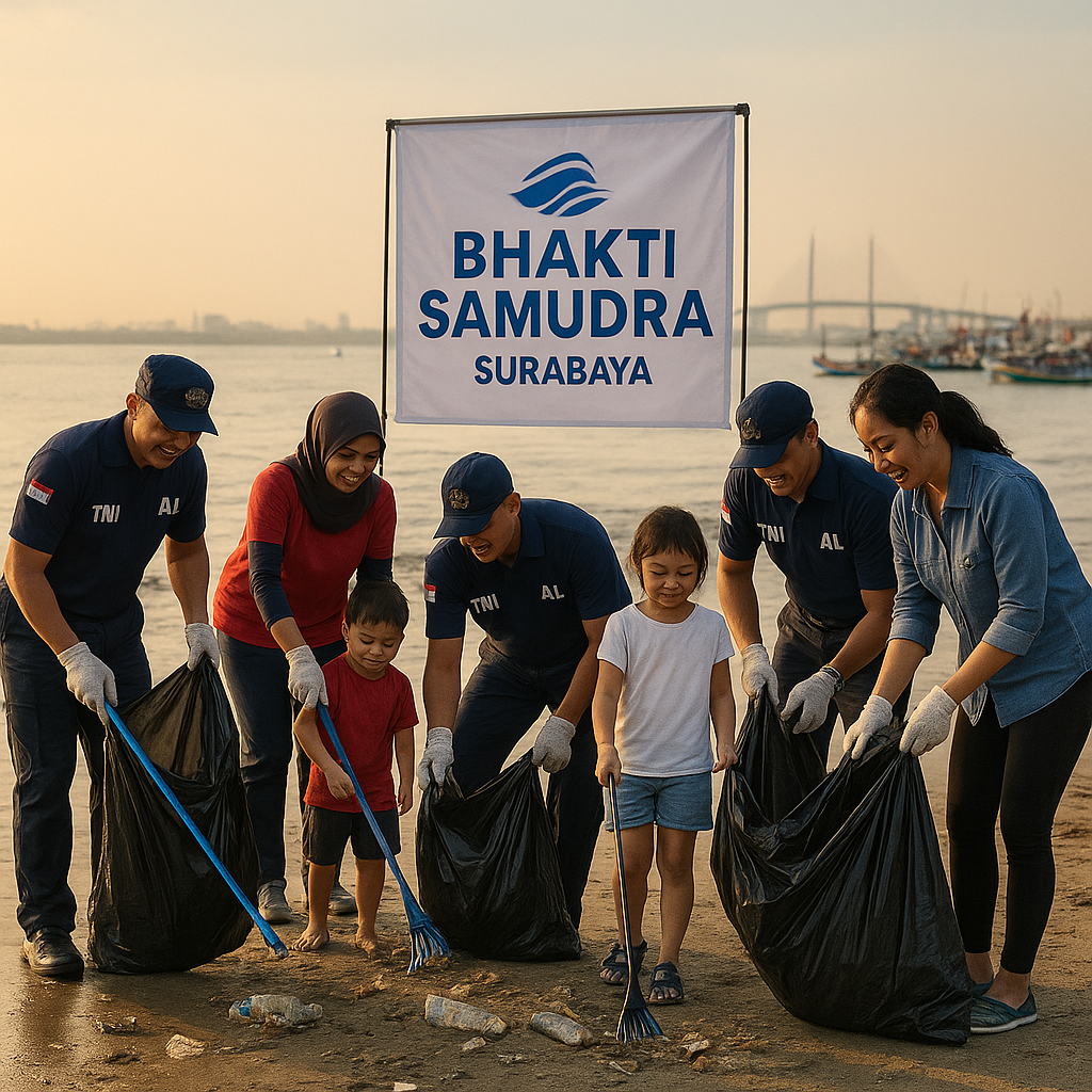 Prajurit TNI AL dan Keluarga Membersihkan Pantai dalam Aksi "Bhakti Samudra"