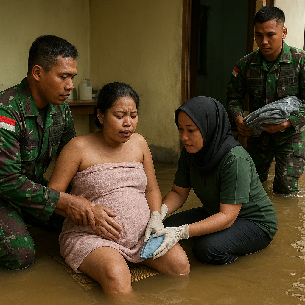 Persalinan Istri Prajurit di Tengah Banjir Dibantu Penuh oleh Satuan