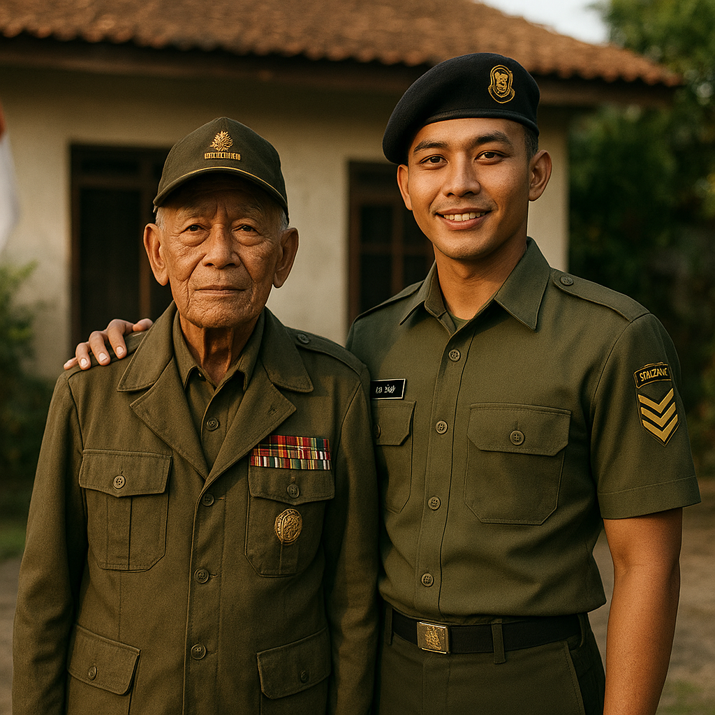 Kakek Veteran dan Cucu Prajurit TNI AD Berpose Memakai Seragam dengan Dua Generasi Berbeda