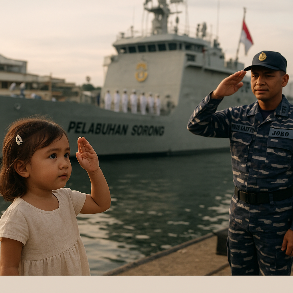 Balita Putri Prajurit TNI AL di Sorong Ikut Upacara Penyambatan Kapal, Beri Salam kepada Ayah yang Berlayar
