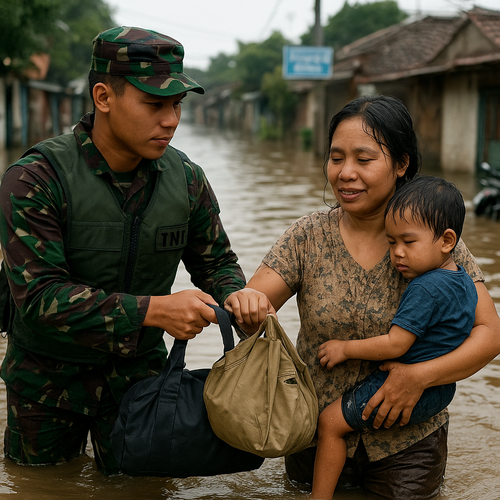 Prajurit TNI Bantu Ibu Tunggal Warga Sipil yang Kesulitan Selama Banjir, Terinspirasi oleh Jasa Orang Tuanya