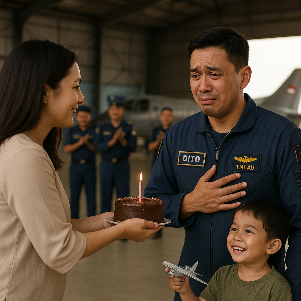 Kejutan Ulang Tahun di Hanggar: Sang Istri Beri Kue untuk Suami yang Pilot TNI AU