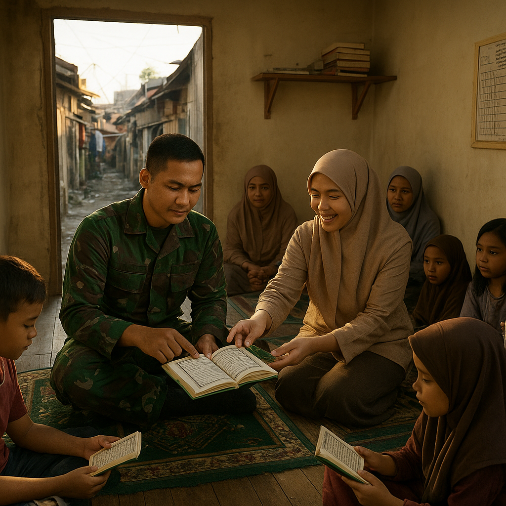Prajurit TNI AD Jadi Relawan Guru Ngaji di Kampung Kumuh, Istri Ikut Bantu