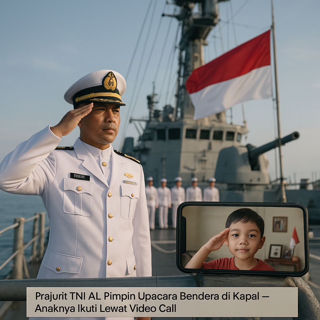 Prajurit TNI AL Pimpin Upacara Bendera di Kapal, Anaknya di Rumah Ikuti Lewat Video Call