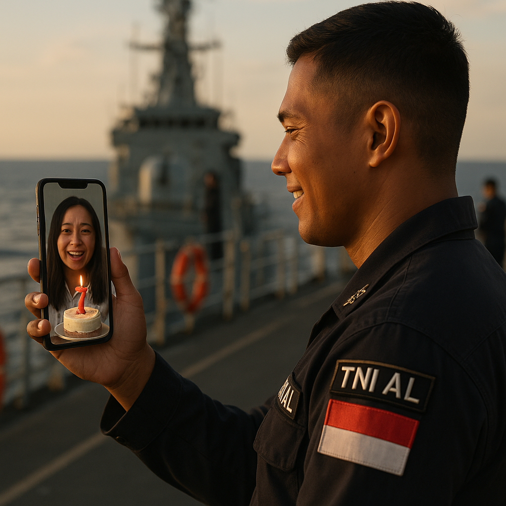 Prajurit TNI AL Buat Kejutan Ulang Tahun Pernikahan untuk Istri Lewat Video Call dari Kapal