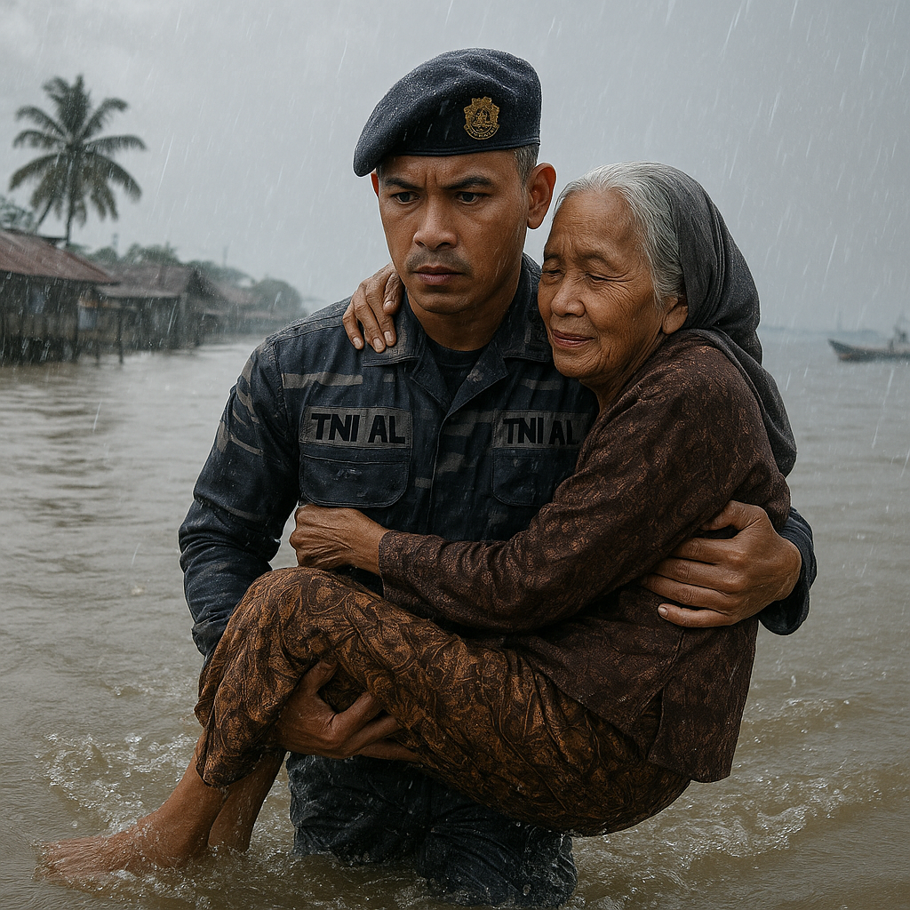 Saat Hujan Deras, Prajurit TNI AL Gendong Nenek Melintasi Banjir di Pesisir Semarang