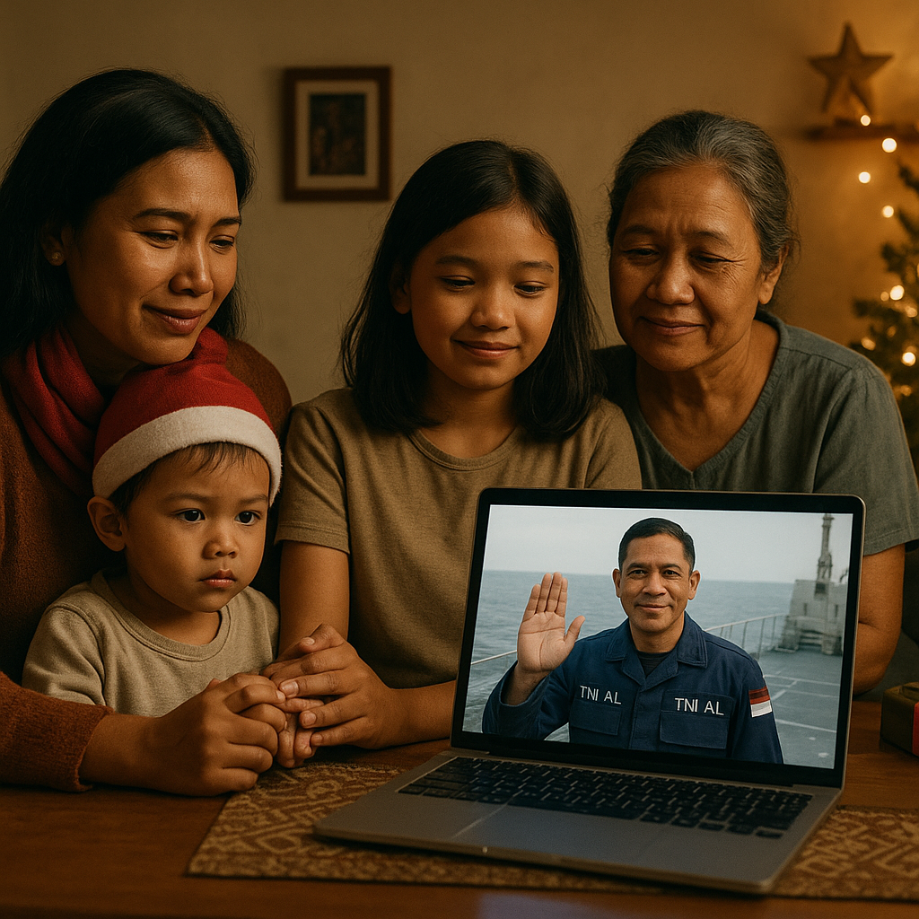 Natal di Kapal: Keluarga Prajurit TNI AL Berkumpul via Online dengan Ayah yang Berlayar