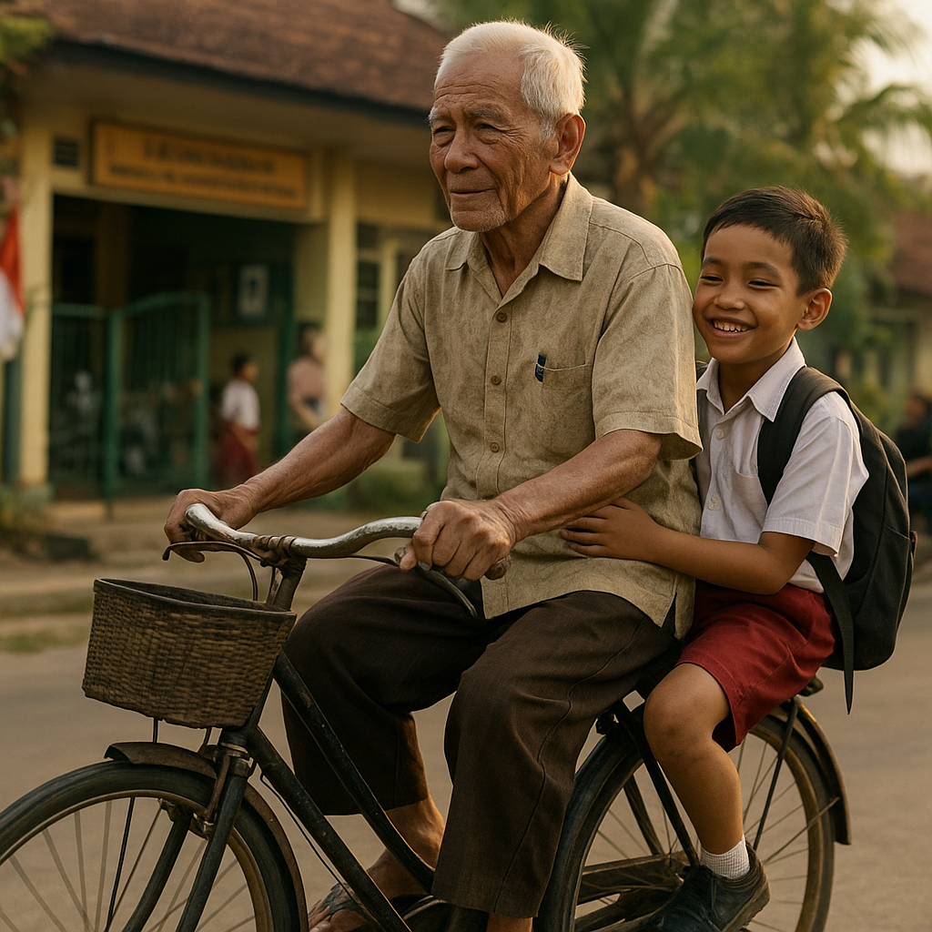 Kakek Prajurit TNI AL yang Berusia 80 Tahun Rutin Menjemput Cucu dari Sekolah Meski Jarak 15 Km