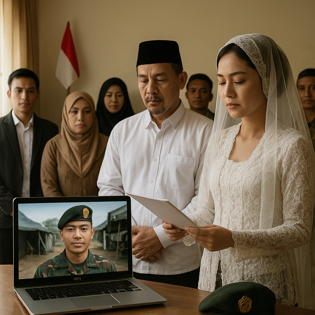 Upacara Pernikahan Virtual: Pasangan Prajurit TNI AD Menikah dengan Mempelai Pria di Layar Monitor