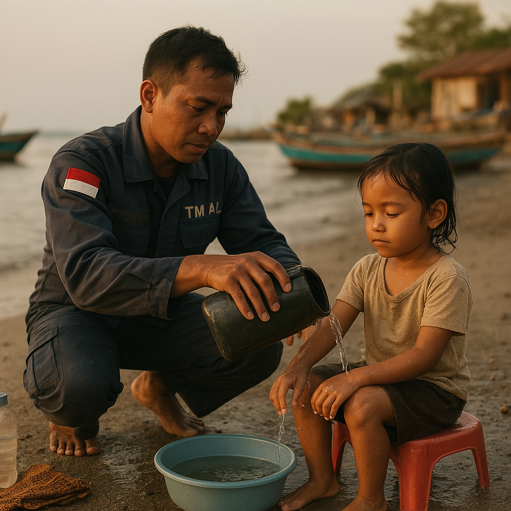 Anak Prajurit TNI AL Penderita Gangguan Ginjal Dimandikan dengan Air Laut Hasil Jerih Payah Ayahnya