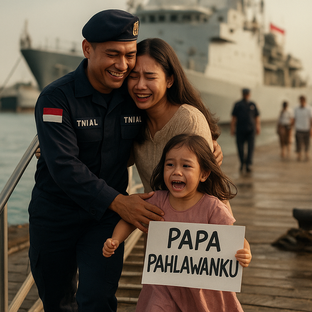 Setelah 6 Bulan Berlayar, Prajurit TNI AL Disambut Istri dan Anak dengan Poster 'Papa Pahlawanku' di Dermaga Koarmada