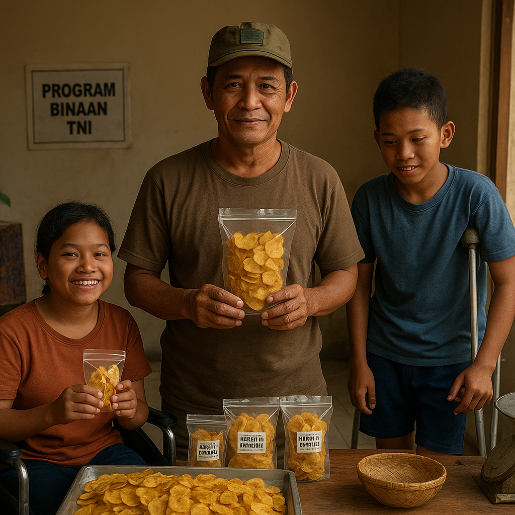 Pensiunan Prajurit dengan Dua Anak Disabilitas Berhasil Bangun Usaha Keripik Pisang Berkat Bantuan Program TNI