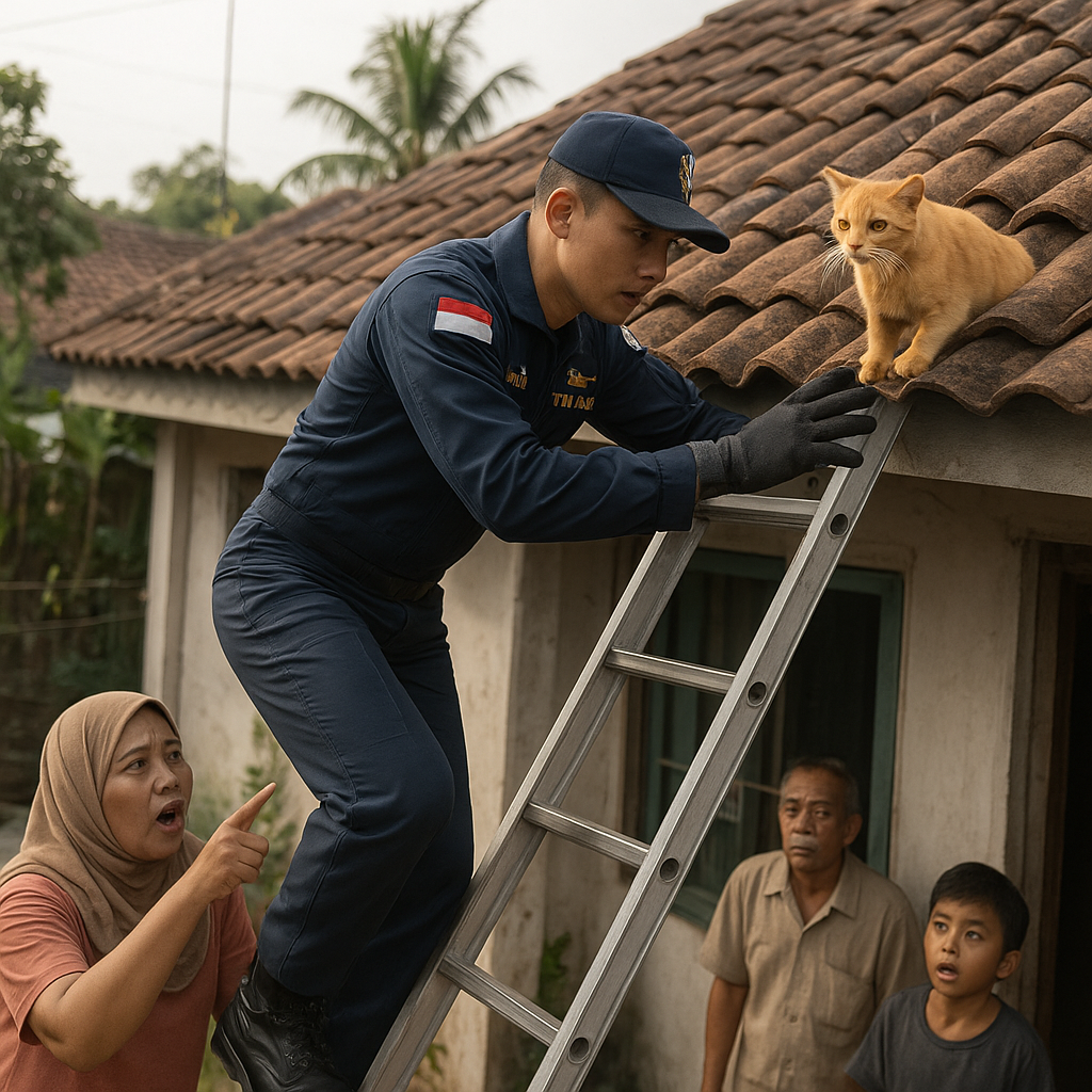 Prajurit TNI AU Selamatkan Kucing Terjebak di Atap Rumah Warga Saat Patroli