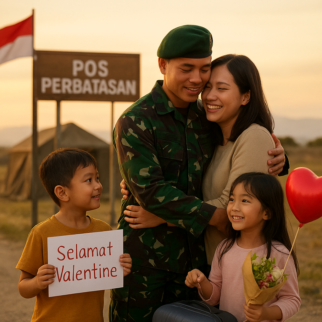 Kejutan Valentine di Perbatasan: Istri Sambang Suami Prajurit TNI dengan Anak-anak