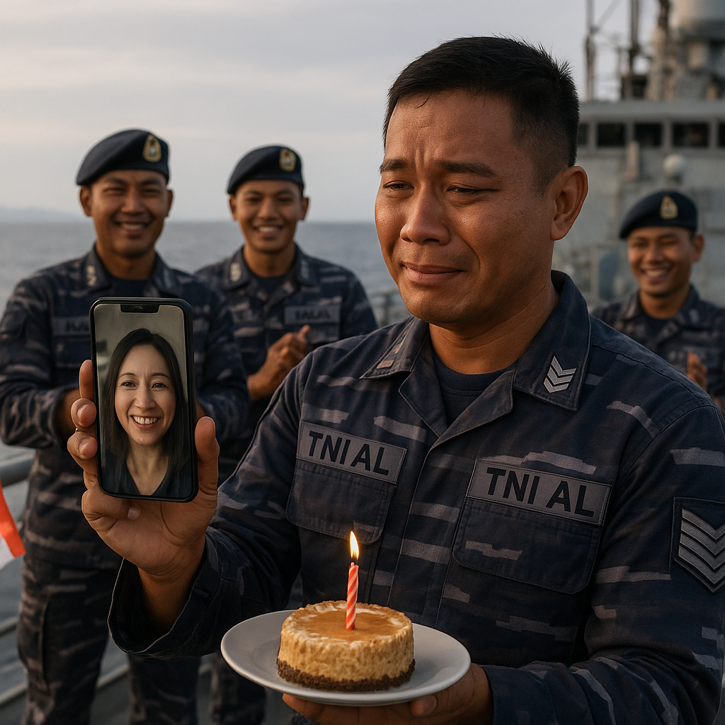 Kejutan Ulang Tahun di Atas Kapal: Prajurit TNI AL Video Call Istri Saat Operasi di Natuna