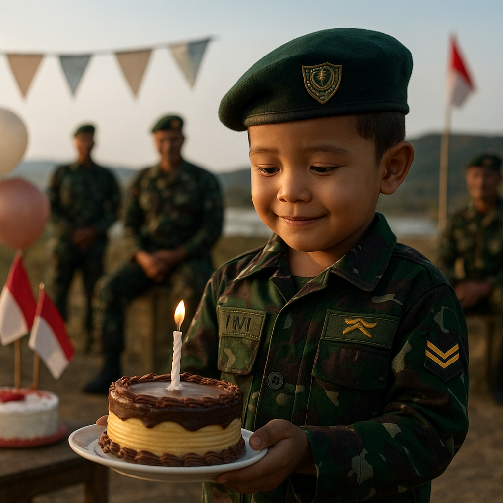 Anak Prajurit TNI di Perbatasan Rayakan Ulang Tahun Pakai Seragam Mini Ayah