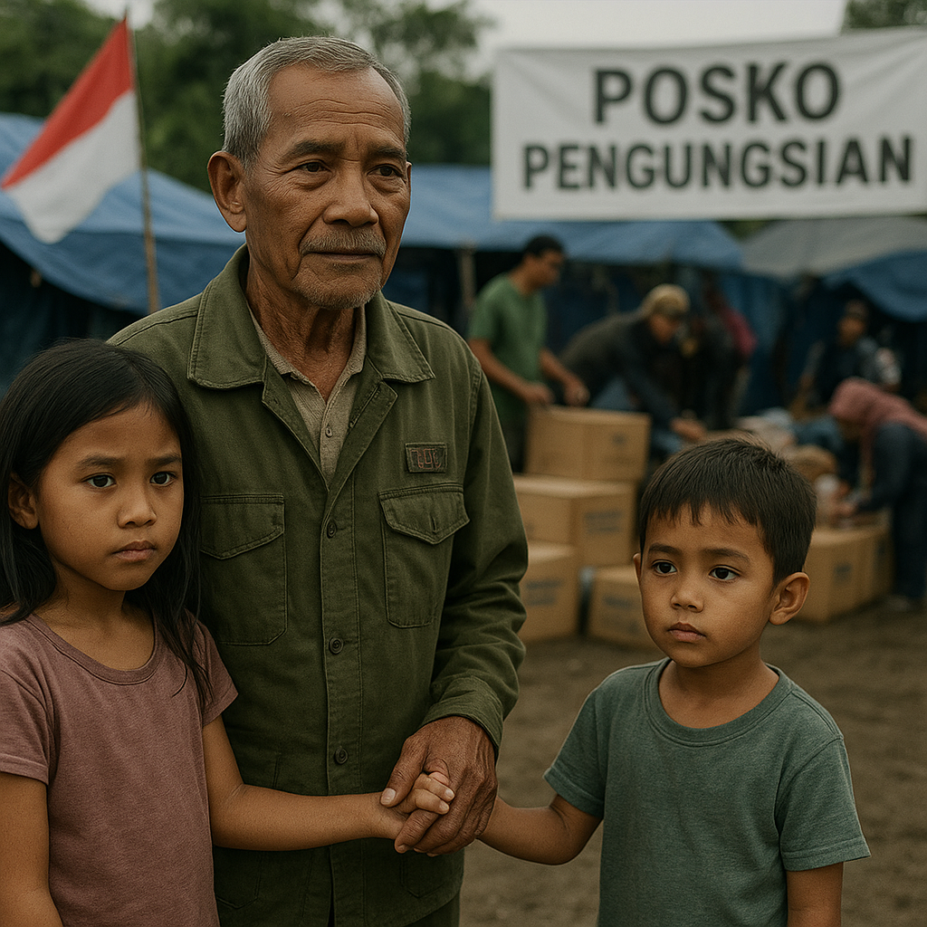 Kakek Pensiunan TNI Jaga Cucu di Posko Pengungsian Bencana Alam