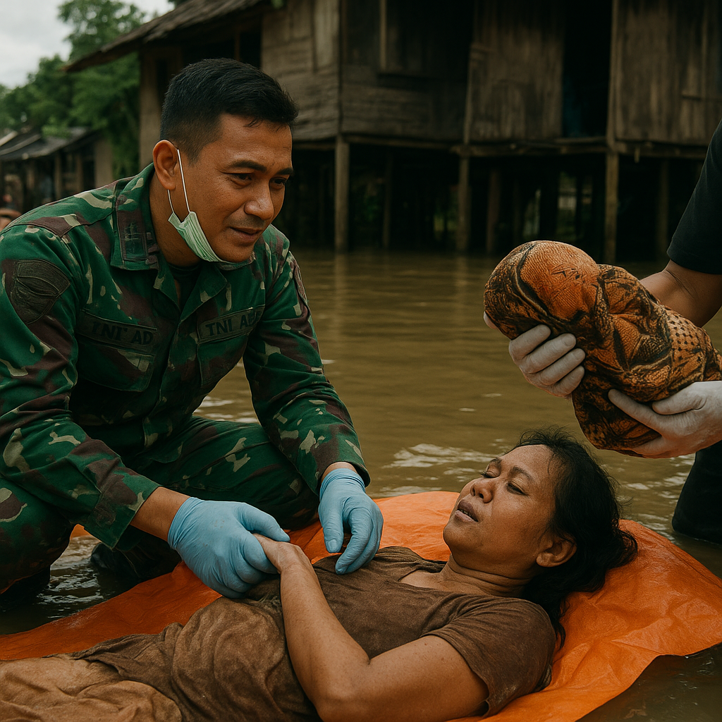 Prajurit TNI AD Bantu Persalinan Istri Warga di Daerah Terisolasi saat Banjir