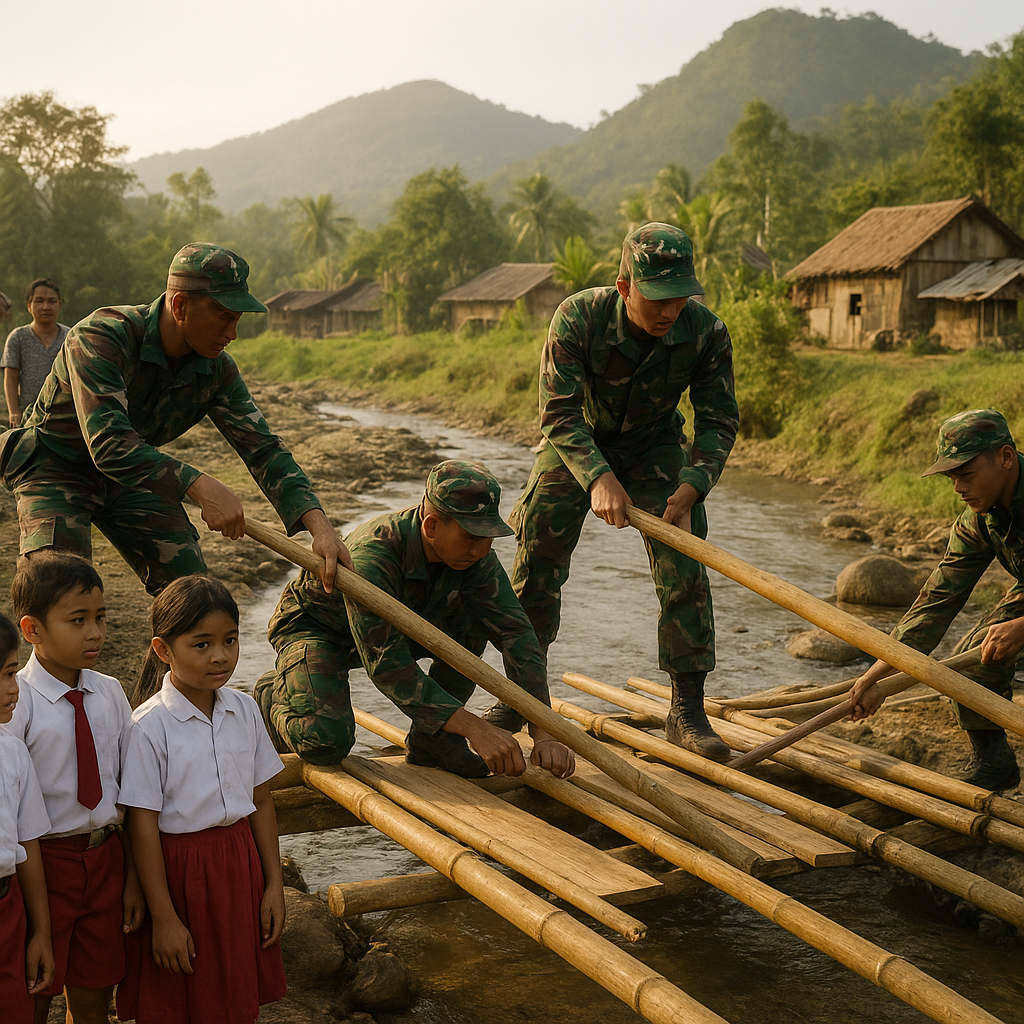 Prajurit TNI Bangun Jembatan Darurat untuk Anak-anak Sekolah di Desa Terisolasi