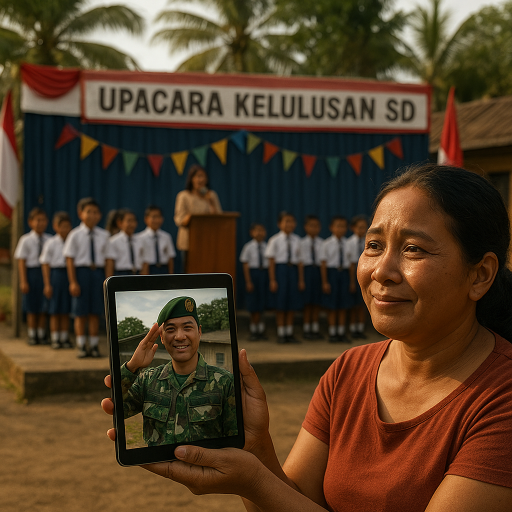 Upacara Kelulusan SD yang Dihadiri Ayah Prajurit via Video Call dari Perbatasan