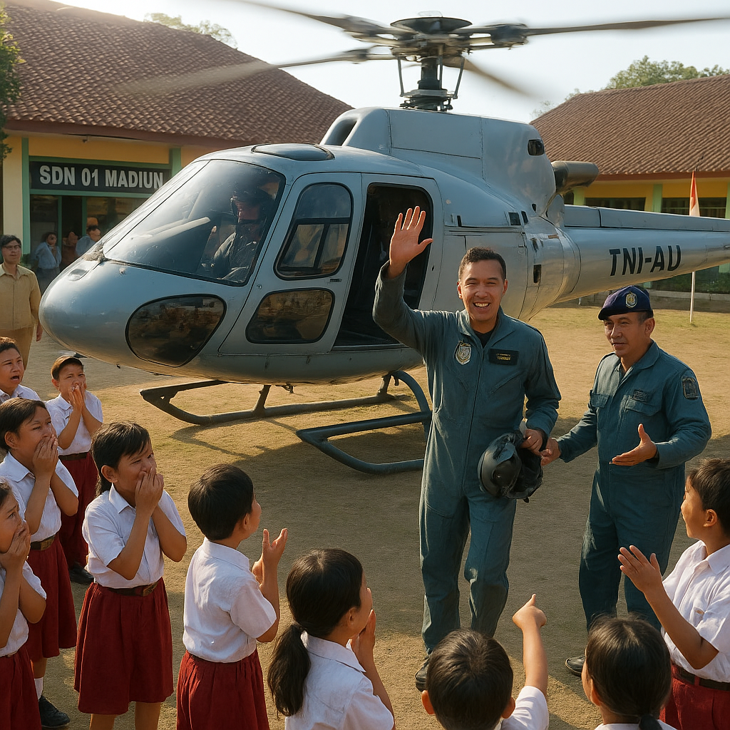 Pilot TNI AU Kejutkan Anak-Anak Mendaratkan Pesawat di Halaman Sekolah