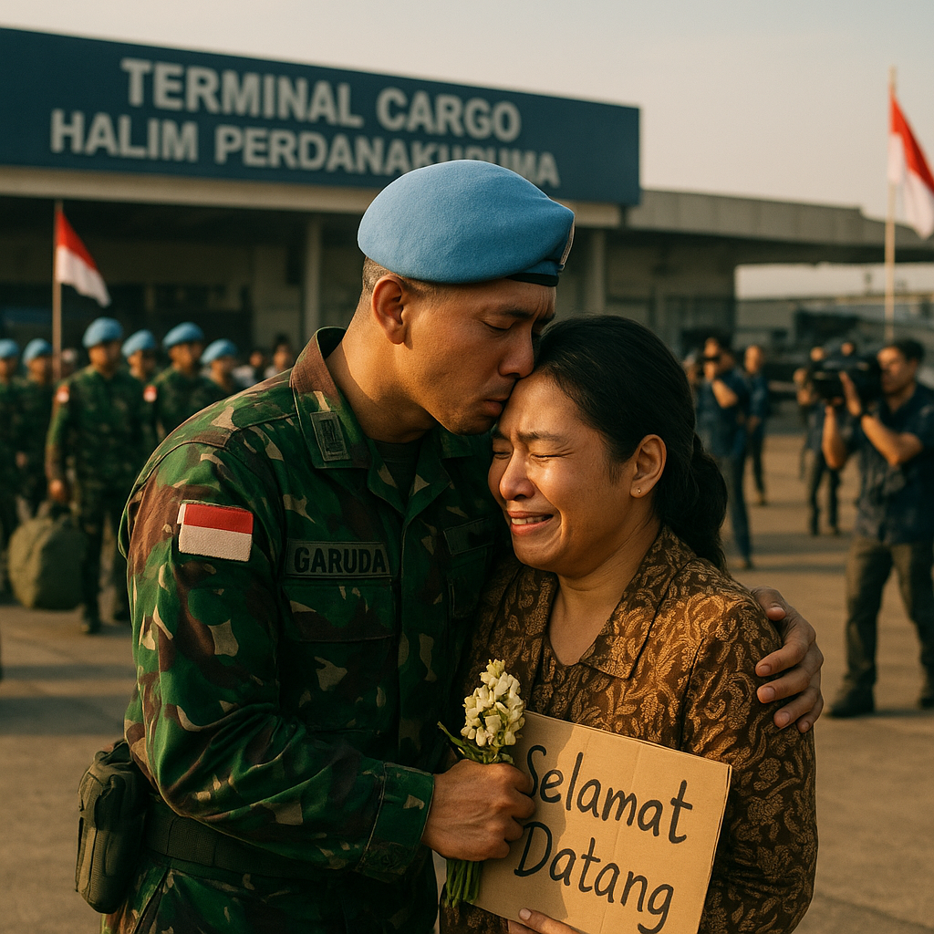 Setahun di Lebanon, Prajurit Garuda Disambut Haru Sang Istri di Bandara Halim