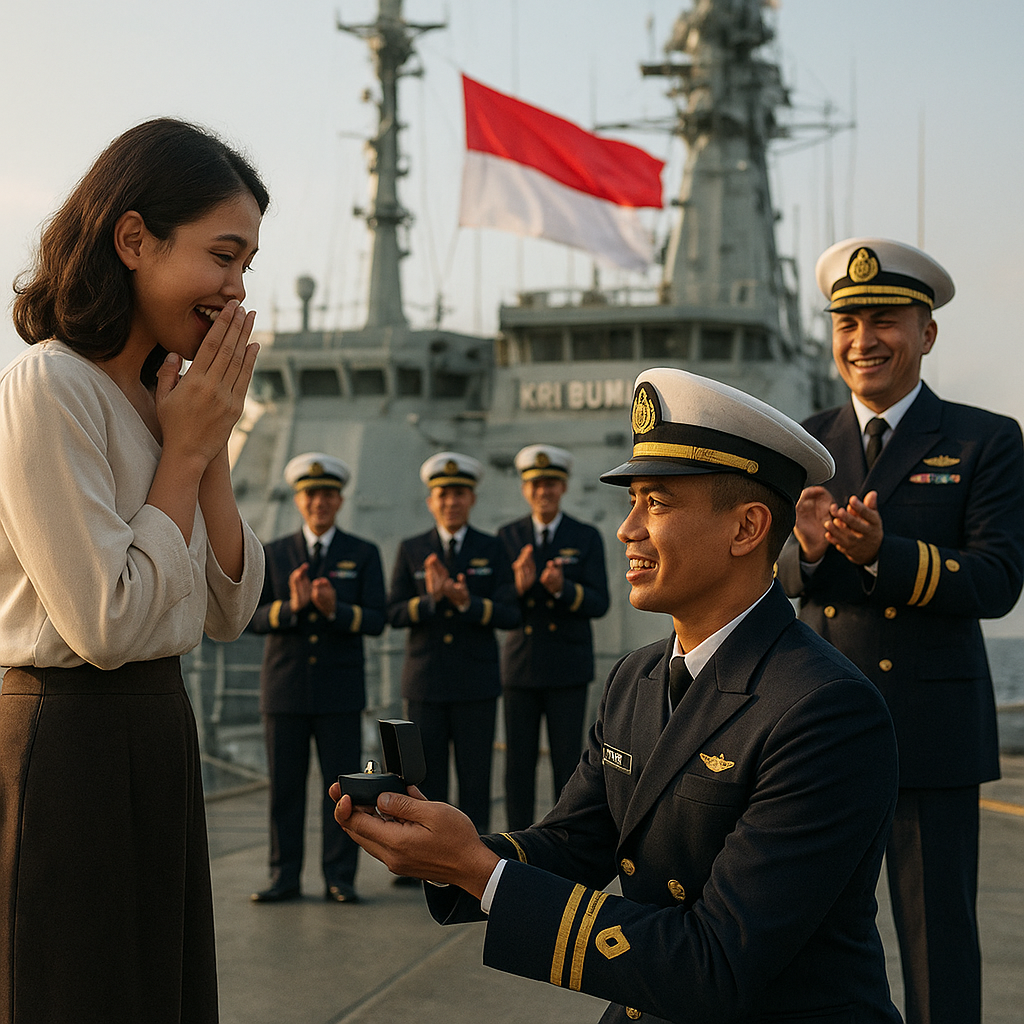 Momen Romantis: Prajurit TNI AL Lamar Kekasih di Atas Kapal Perang, Disaksikan Komandan