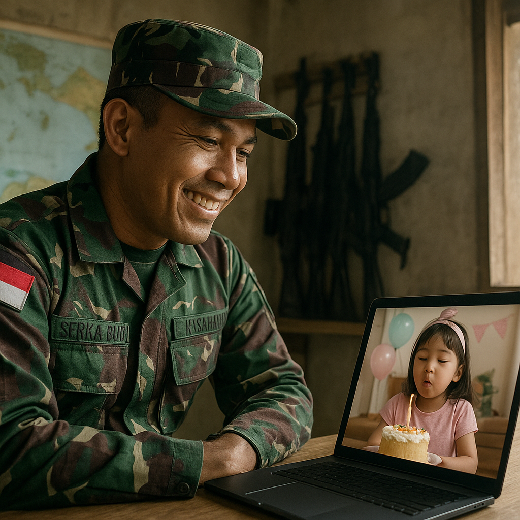 Prajurit TNI AD di Perbatasan Papua Buat Kejutan Ulang Tahun Virtual untuk Anaknya lewat Video Call