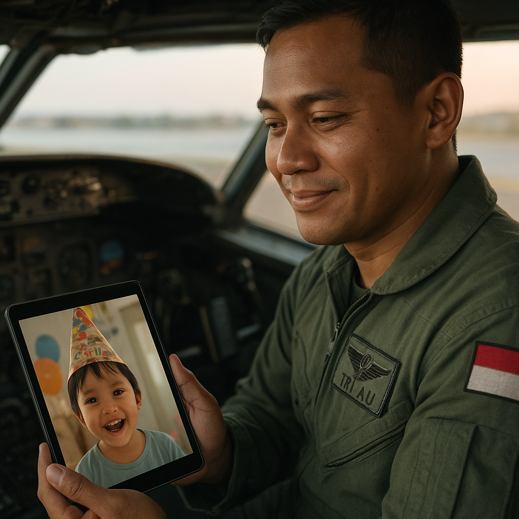 Prajurit TNI AU di Makassar Buat Video Call Istimewa dari Pesawat untuk Anaknya yang Berulang Tahun