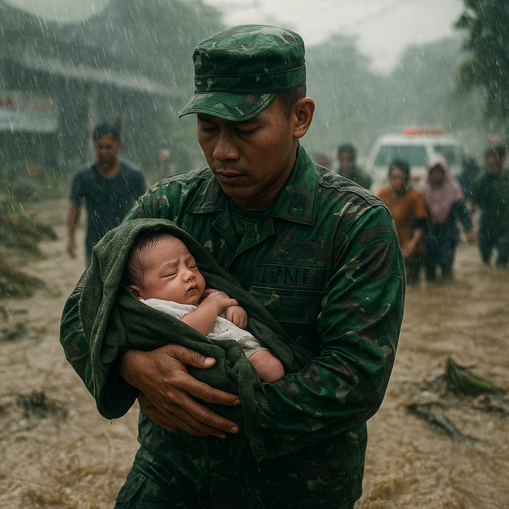 Viral, Aksi Prajurit TNI Bantu Evakuasi Warga Terdampak Banjir Bandang Sambil Gendong Bayi