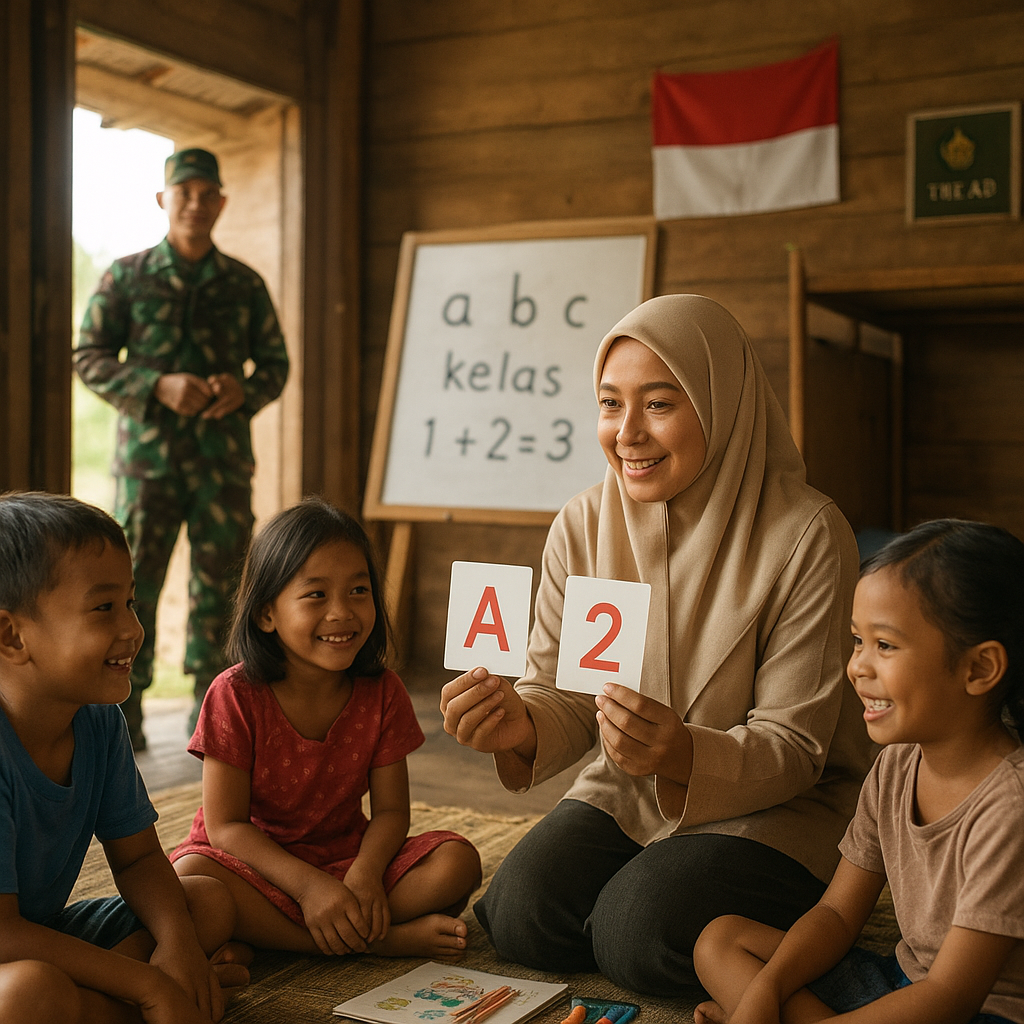 Istri Prajurit TNI AD Ajarkan Anak-Anak di Pos Ronda: ‘Saya Ingin Tugas Suami Lebih Ringan’