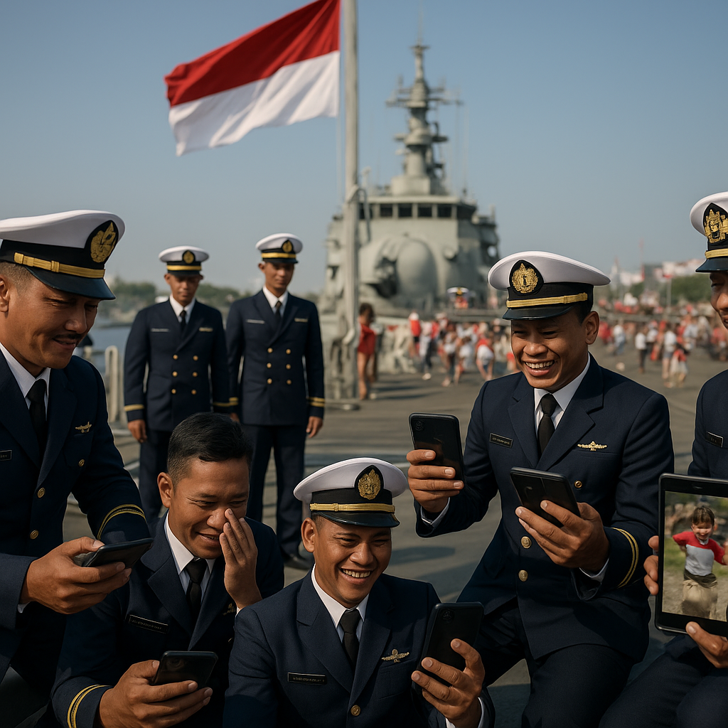Upacara HUT RI di Kapal, Prajurit TNI AL Video Call Keluarga untuk Lihat Anak Upacara