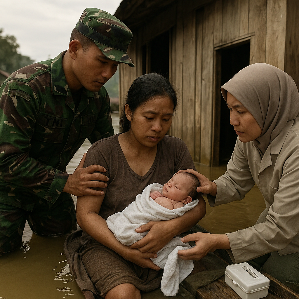Prajurit TNI Bantu Persalinan Ibu Hamil di Daerah Terisolasi Banjir