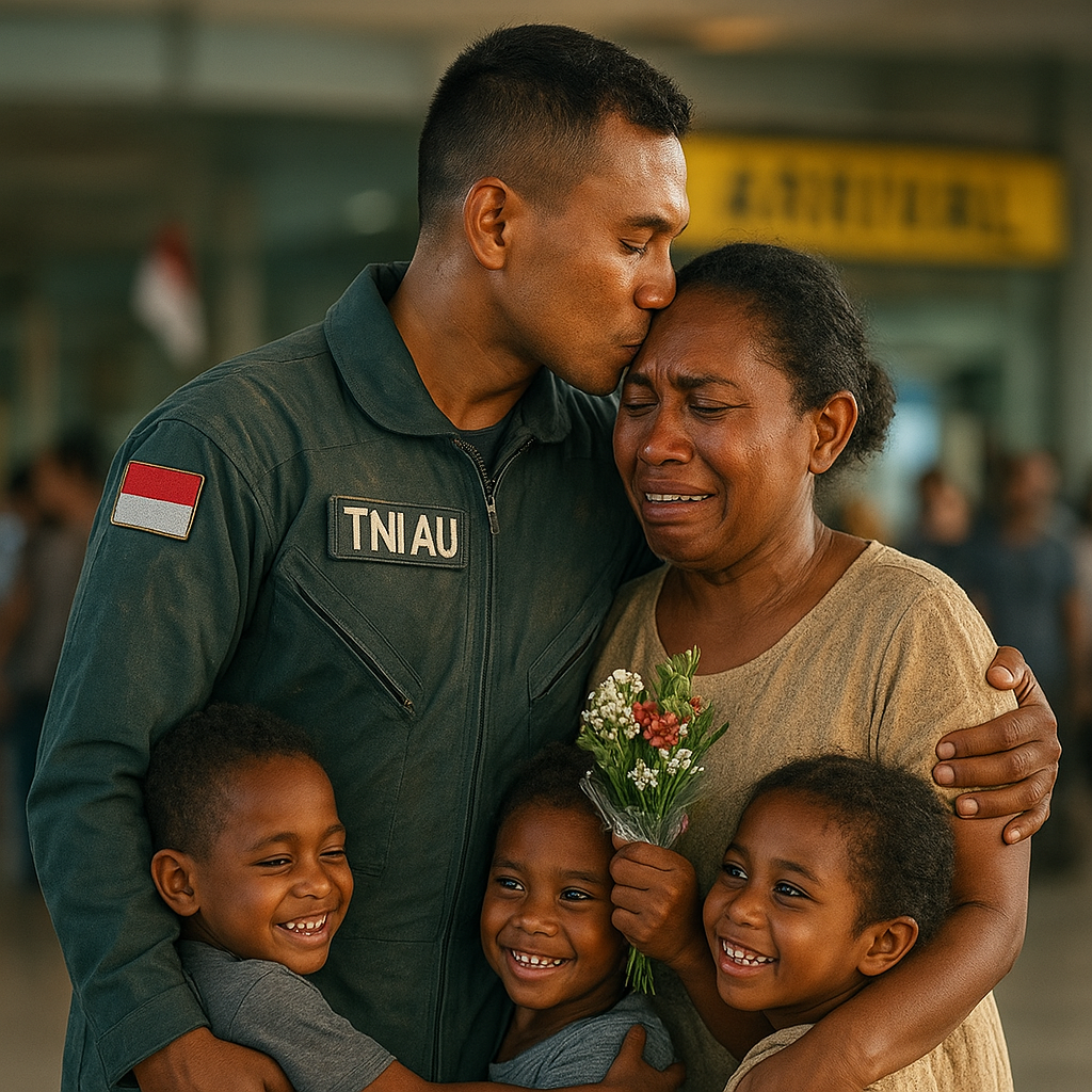 Air Mata Bahagia Ibu Dua Anak di Jayapura, Disambut Suami Prajurit TNI AU Usai Tugas 2 Tahun di Kongo