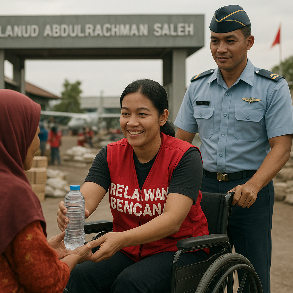 Meski Berkursi Roda, Istri Prajurit TNI AU Aktif Jadi Relawan Bencana di Lanud Abdulrachman Saleh