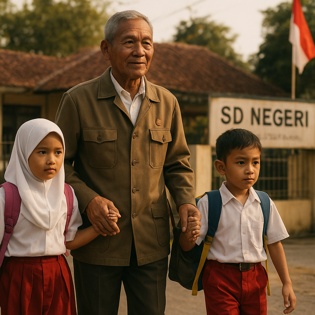 Kakek Prajurit Purnawirawan Antar Cucu ke Sekolah Setiap Hari, Jadi Teladan Kedisiplinan