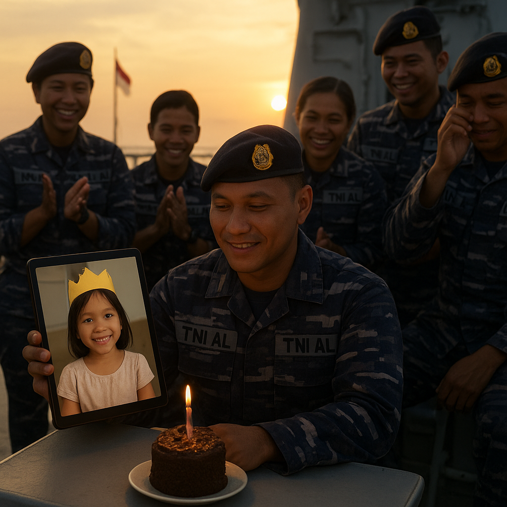 Kejutan Ulang Tahun Virtual dari Kapal Perang: Prajurit TNI AL Sambut Putri Kecilnya Lewat Video Call
