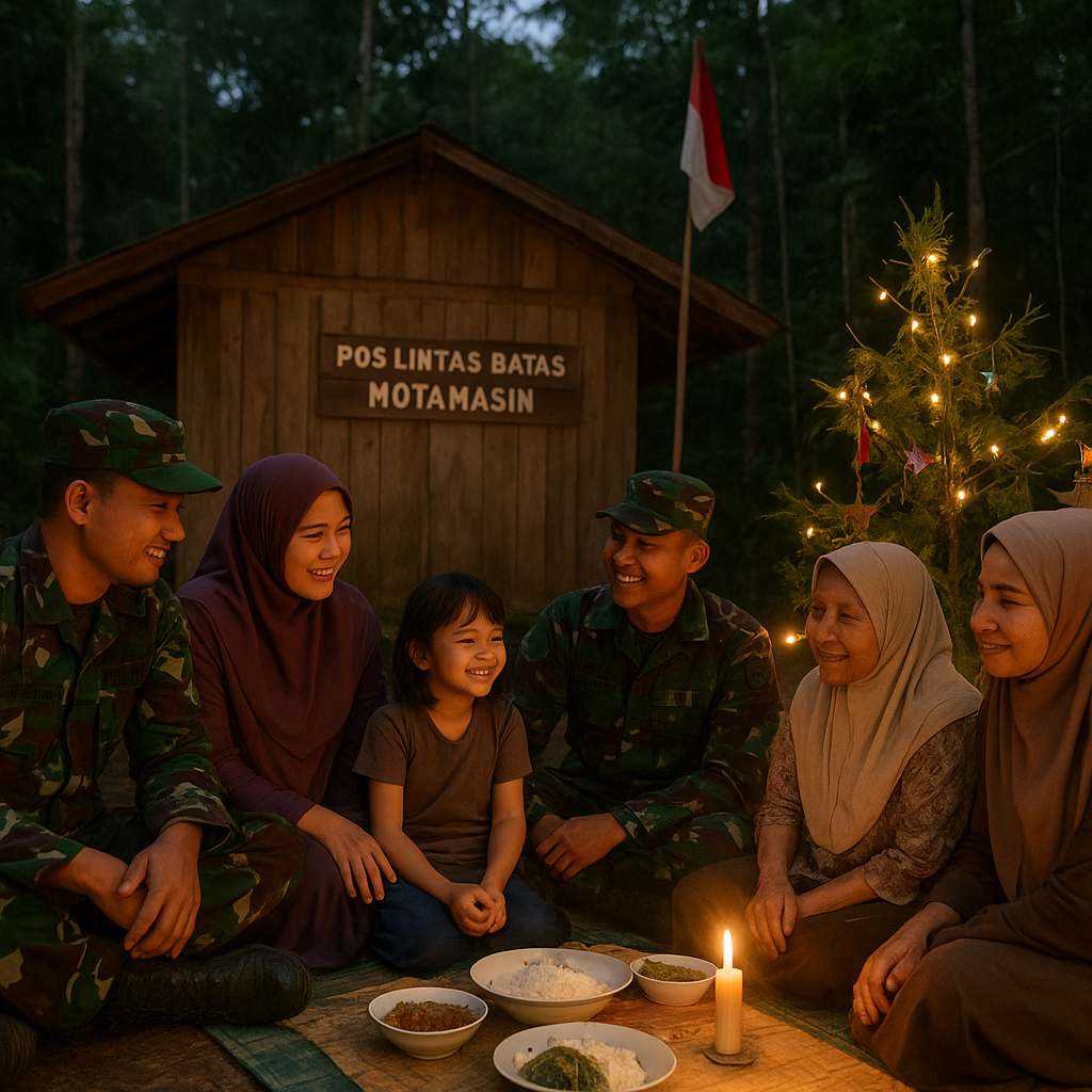 Natal di Pos Perbatasan: Prajurit TNI AD dan Keluarga Rayakan dengan Sederhana di Tengah Hutan