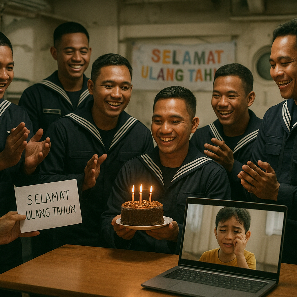 Acara Ulang Tahun Sederhana di Kapal, Rekan-rekan Prajurit TNI AL Kejutkan Anak Komandan yang Merindukan Ayah