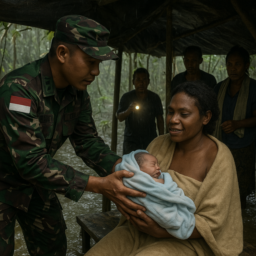 Prajurit TNI AD Bantu Persalinan Isteri Warga di Tengah Hutan Saat Banjir Melanda Pos