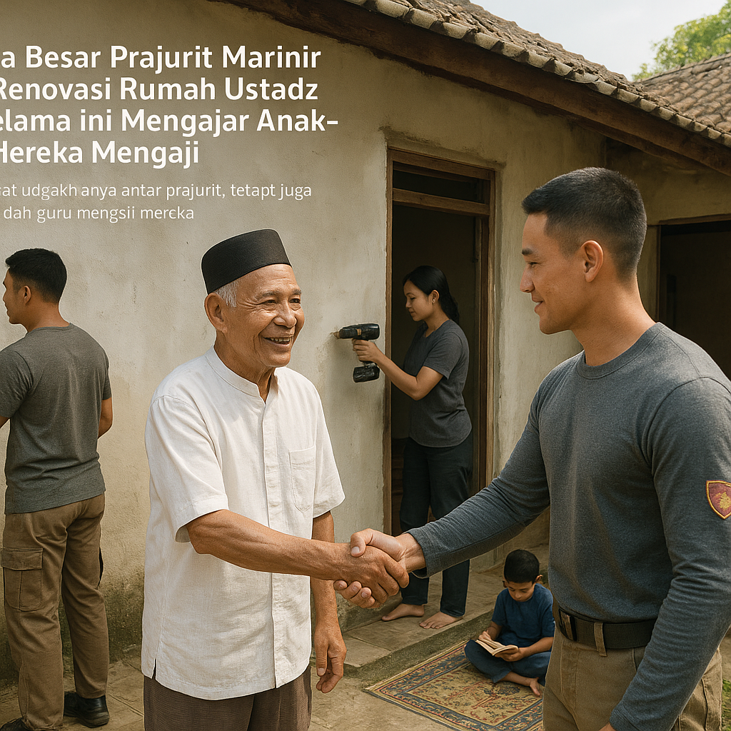 Keluarga Besar Prajurit Marinir Bantu Renovasi Rumah Ustadz yang Selama Ini Mengajar Anak-anak Mereka Mengaji