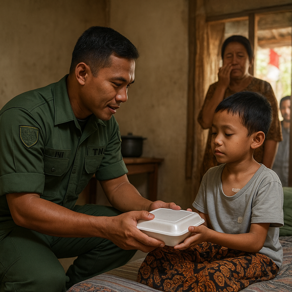 Viral, Prajurit TNI Bagikan Makanan untuk Bocah Sakit Jantung, Warganet Terharu