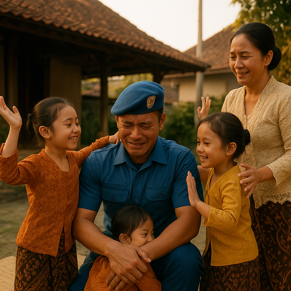 Momen Kepulangan: Prajurit TNI AU Disambut dengan Tarian Tradisional oleh Anak-anaknya di Halaman Rumah