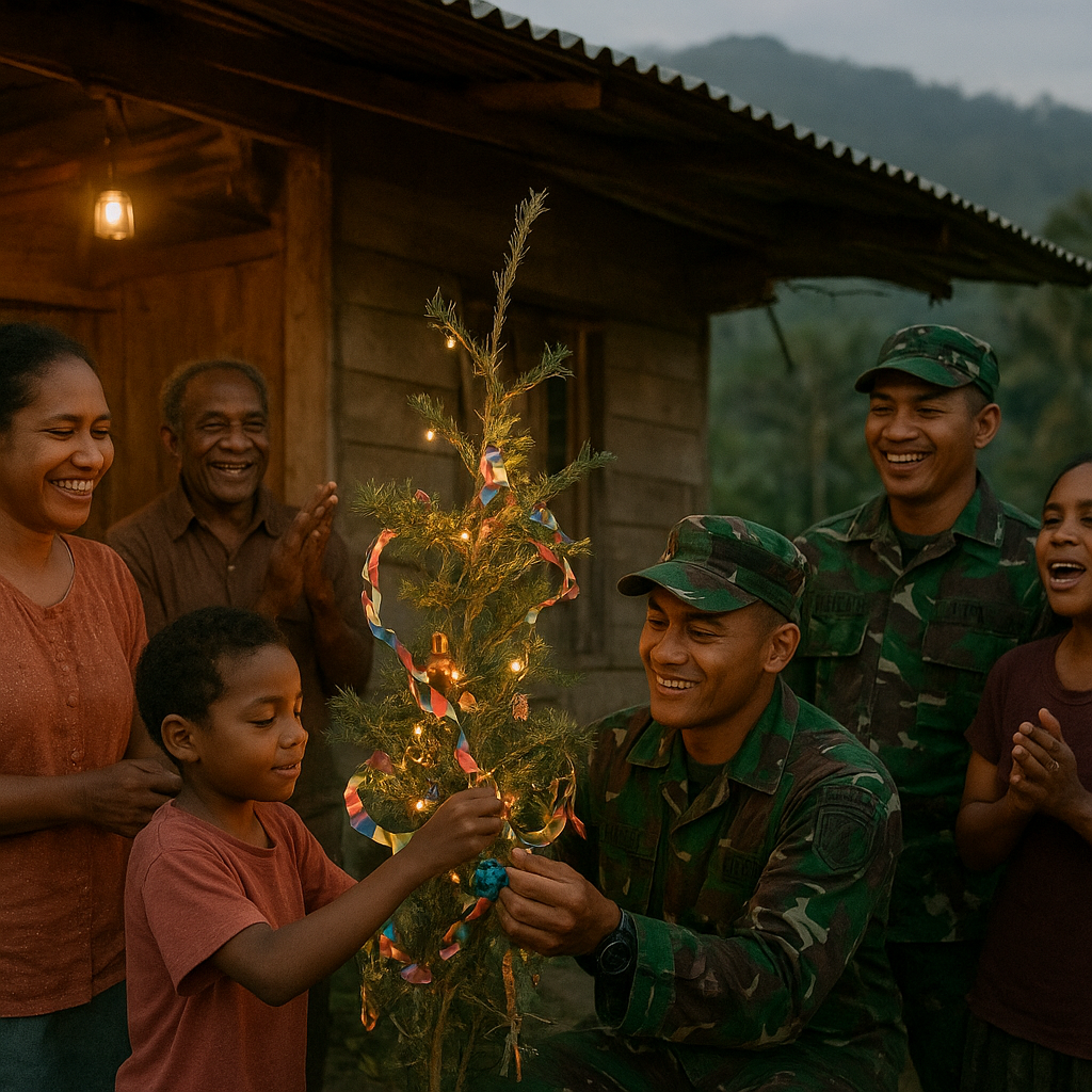 Tradisi Natal Bersama Keluarga Prajurit TNI di Pos Terdepan, Hias Pohon dengan Barang Sederhana dan Bernyanyi Bersama