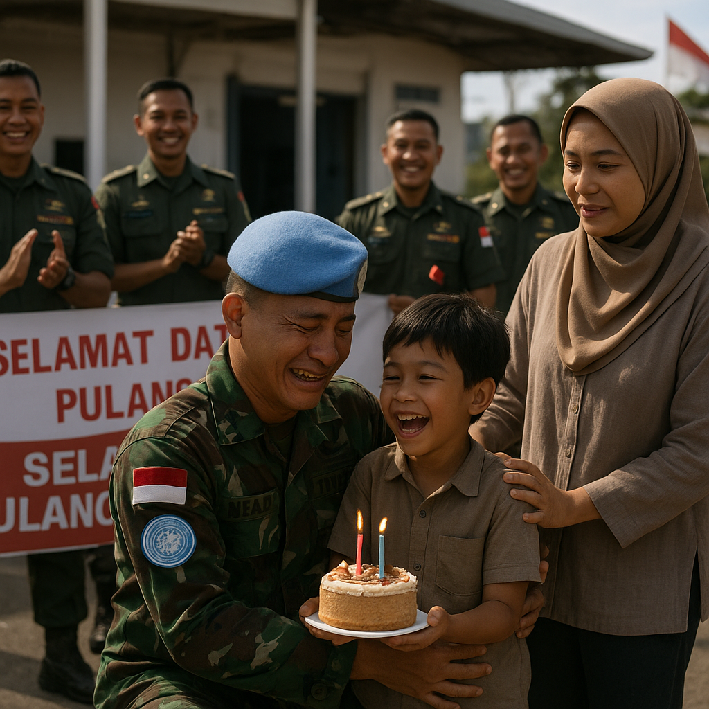 Prajurit TNI AD Kembali dari Misi PBB, Disambut Kejutan Ulang Tahun Anak oleh Satuan