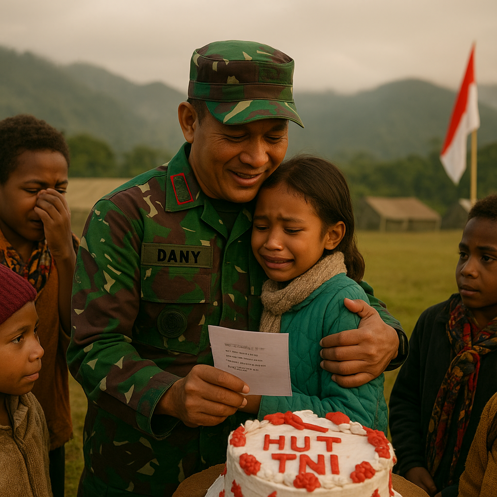 Anak-anak Prajurit di Perbatasan Papua Rayakan HUT TNI Bersama Bapak Asuh Satgas
