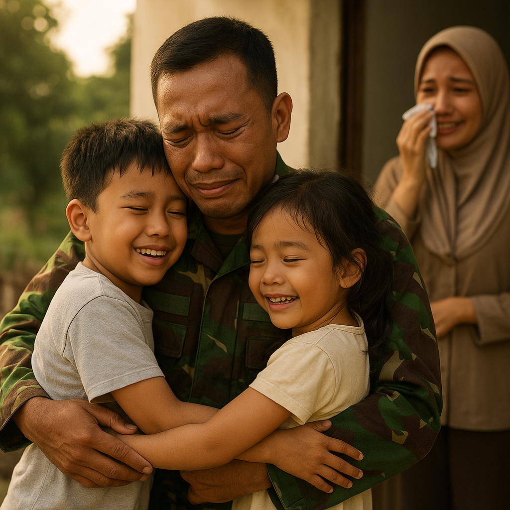 Prajurit Penjaga Perbatasan RI-Malaysia Peluk Erat Dua Anaknya Setelah 8 Bulan Tak Pulang: 'Ayah Gak Akan Pergi Lagi Lama-lama'