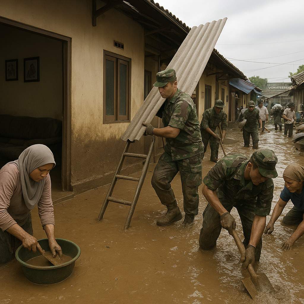 Rumah Dinas TNI Terendam Banjir, Solidaritas Satuan Bantu Istri Prajurit Bersihkan Lumpur dan Perbaiki Atap
