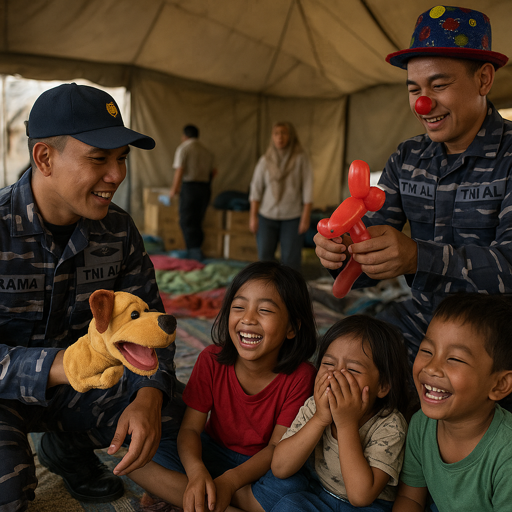 Prajurit TNI AL Hibur Anak-Anak Korban Gempa Selat Sunda dengan Sulap dan Boneka